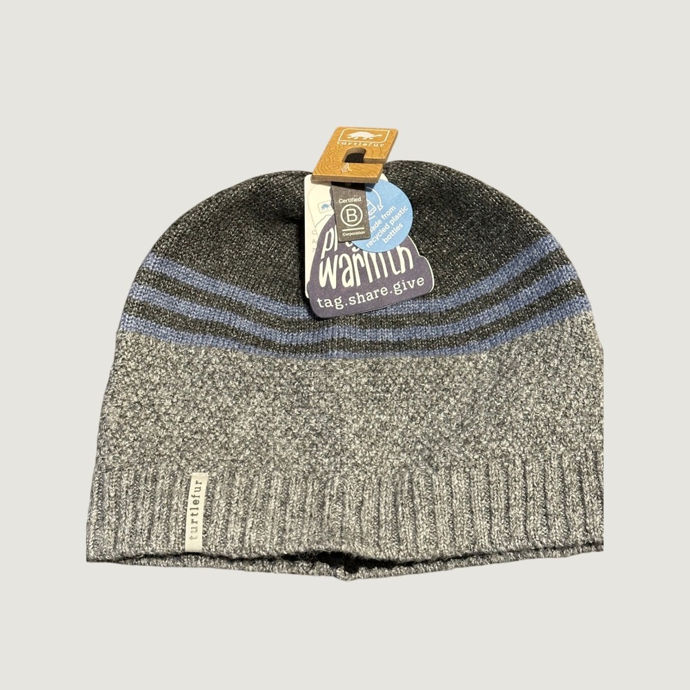 Turtle Fur Mens Recycled Knit Beanie Grey Blue Striped Fleece Lined Winter Hat